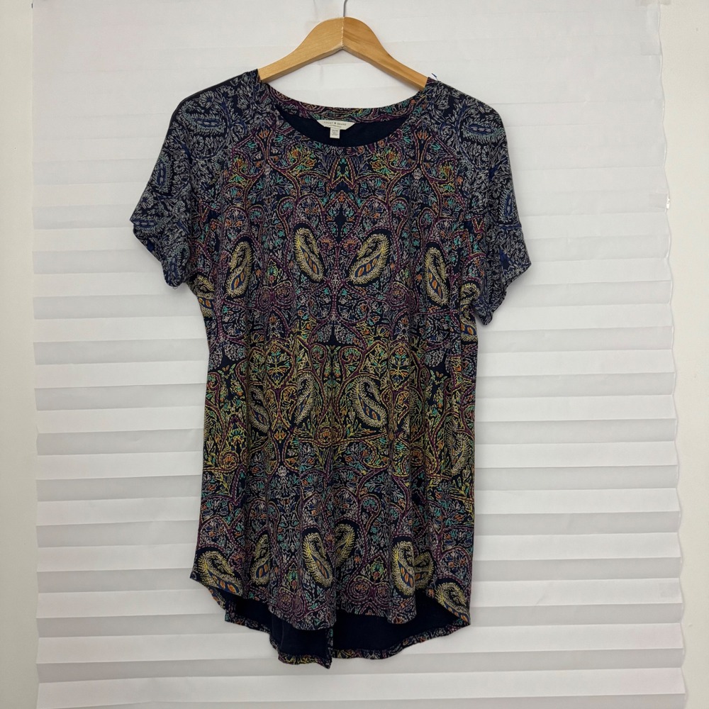 Lucky Brand Womens 1X Paisley Print Split Back Short Sleeve Top Navy Blue Cotton